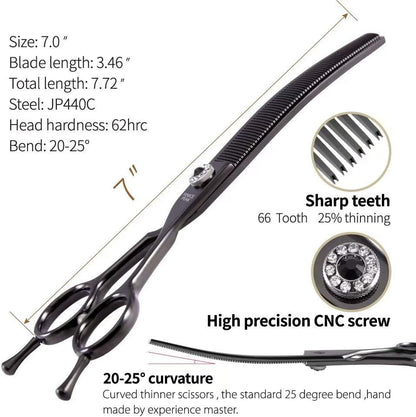 Fenice Peak Professional Dog Grooming Scissors Pet Curved Thinning Shears 7.0'' Extremely Sharp Blades 440C Steel Thinning Scissors Durable Smooth Motion & Fine Cut for Dogs and Cats(Black)