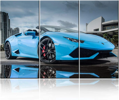TUMOVO 3 Pieces Wall Art LP 610 4 Blue Supercar Painting Pictures Print On Canvas Car The Picture for Home Modern Decoration Stretched by Wooden Frame Ready to Hang - 40 x 20inch x 3 Panels