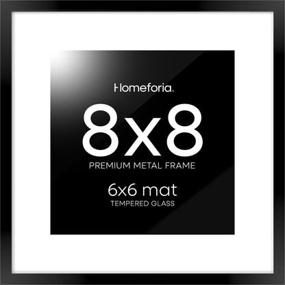 Homeforia 8x8 Black Picture Frame, High End Metal 8 x 8 Square Photo Frames with Mat 6 by 6, 8x8 Poster Frame Matted to 6x6 inch Print, 8by8 Wall or Tabletop Frames, Tempered Glass, Wall Kit, Set of 1