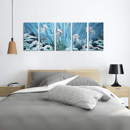 Yihui Arts Blue Deep Ocean Extra Large Jellyfish Metal Wall Art, in Modern Ocean Design, 3D Wall Art for Modern and Contemporary Decor, 5-Panels, Metal Wall Decor Works Indoors and Outdoors