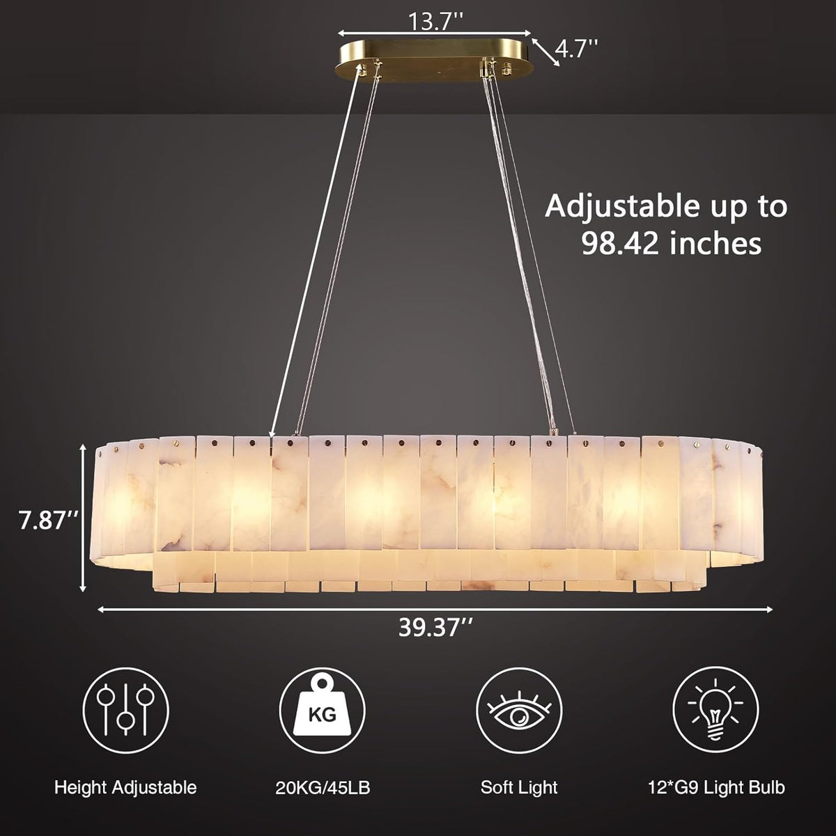 Alabaster Rectangular Chandelier for Dining Room, L39in Modern Chandeliers, Adjustable Marble Pendant Light Fixture, Rectangle Chandelier for Dining Table Living Room Kitchen Island (Bulbs INCL)
