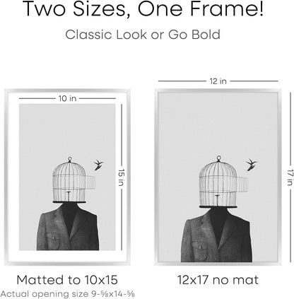Homeforia 12x17 Picture Frame Silver, High End Metal 12x17 Frames with Mat 10x15 for Photo, 12 x 17 Silver Poster Frame Matted to 10 x 15 Print, 17x12 Hanging Frame, Tempered Glass, Wall Kit, Set of 1