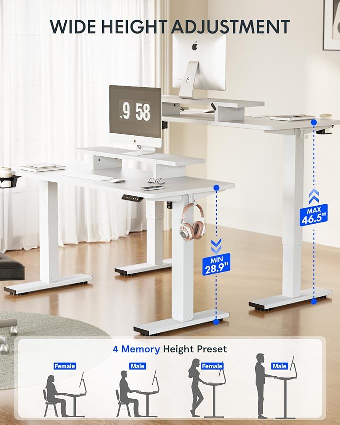 FLEXISPOT Standing Desk with Monitor Stand, 55 x 24 Inches One-Piece Electric Height Adjustable Computer Desk with Cup Holder, Home Office Desks (White Frame+ White Top)