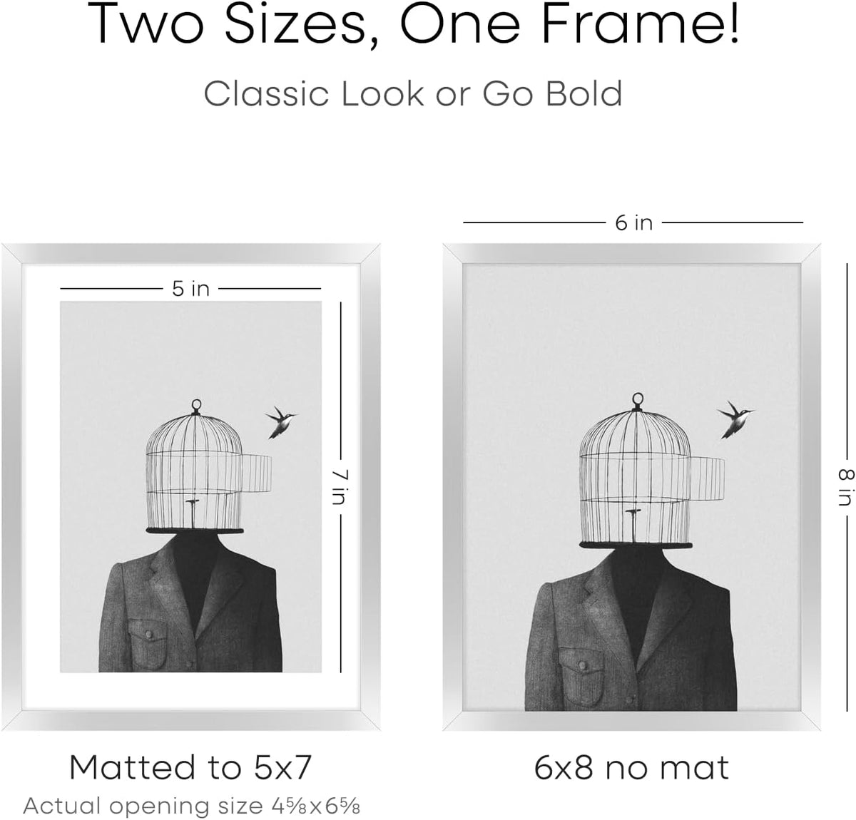 Homeforia Silver Photo Frame 6x8, High End Metal 6 x 8 Silver Picture Frames with Mat 5 x 7, 6by8 Desk Frame Matted to 5x7 inch Art, 6 by 8 Wall or Tabletop Frames, Tempered Glass, Wall Kit, Set of 1