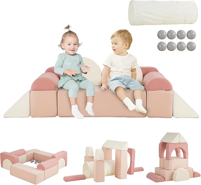 Asweets Kids Play Couch with Tunnel and Balls, Play Couch for Toddlers, Kids Foam Convertible Play Building Fort for Christmas and New Year, Pink