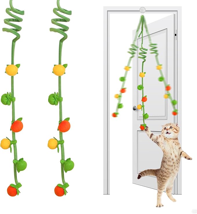 Interactive Hanging Cat Toy with Catnip & Rattle Sound, 2-Pack – Retractable Teaser Toys with Colorful Fruit Design for Indoor Cats, Batting, Chasing & Pouncing Play