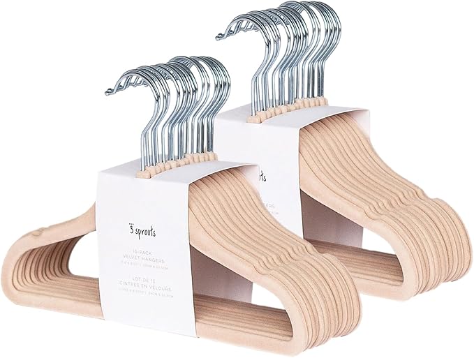 3 Sprouts Velvet Baby Hangers - Non-Slip Hanger for Infant, Toddler, Baby Clothes - Closet Kids Hangers with Slim Design, Nordic Colors, Pack of 30 - Hazelnut