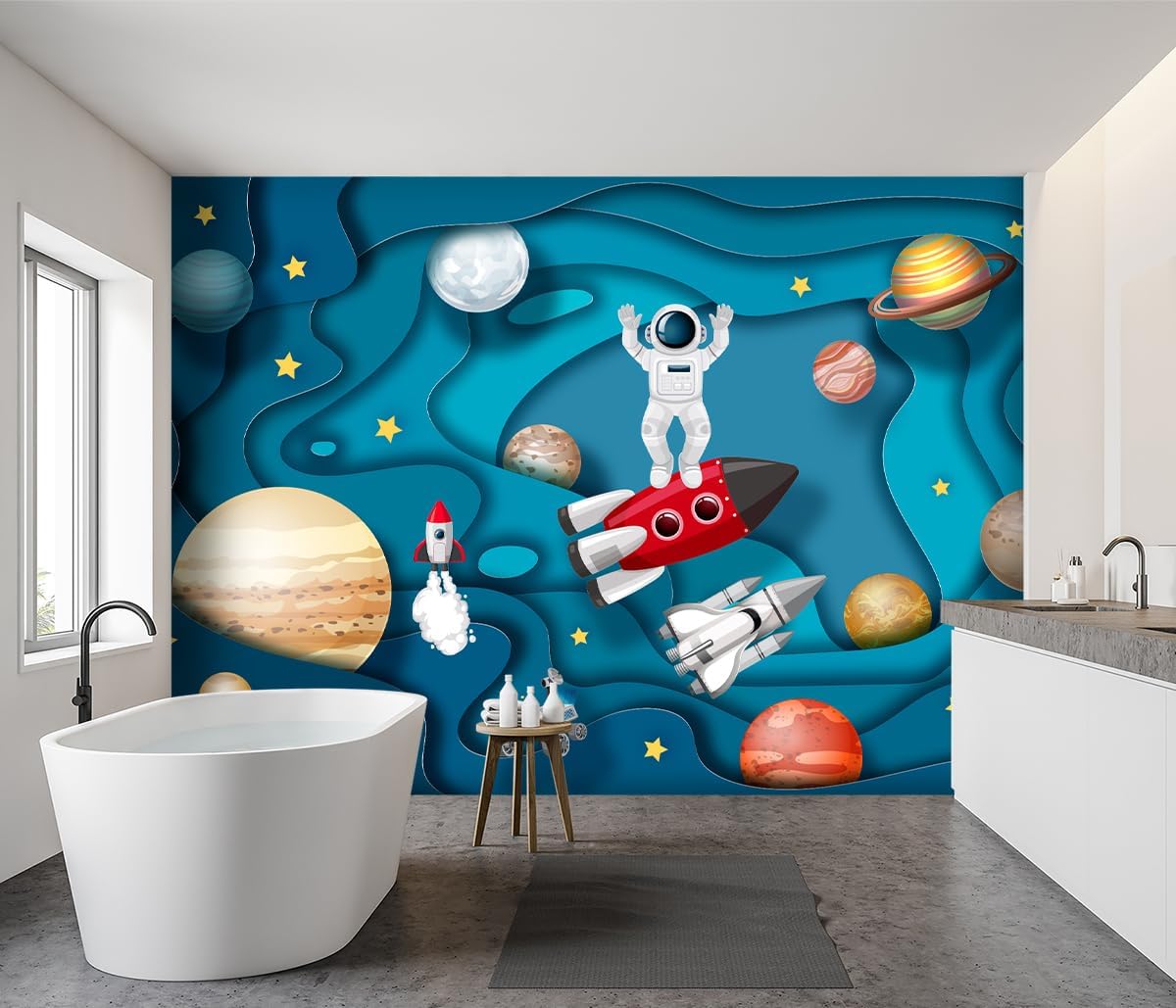 -Kindergarten Children Galactic Planet Fabric Wallpaper Living Room Bedroom Boys Girls Children Cartoon Astronauts Large Mural- 91"x65"（ not Peel and Stick）