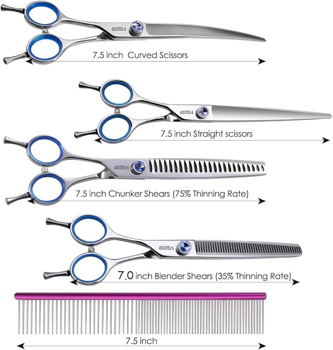 Left Handed Dog Grooming Scissors Kit 7.5 in Professional Curved Thinning Straight Shears 3pcs Set for Grooming Big Dogs Poodle Pet Japan 440C Stainless Steel(7.5'' Kit, 4Pcs)