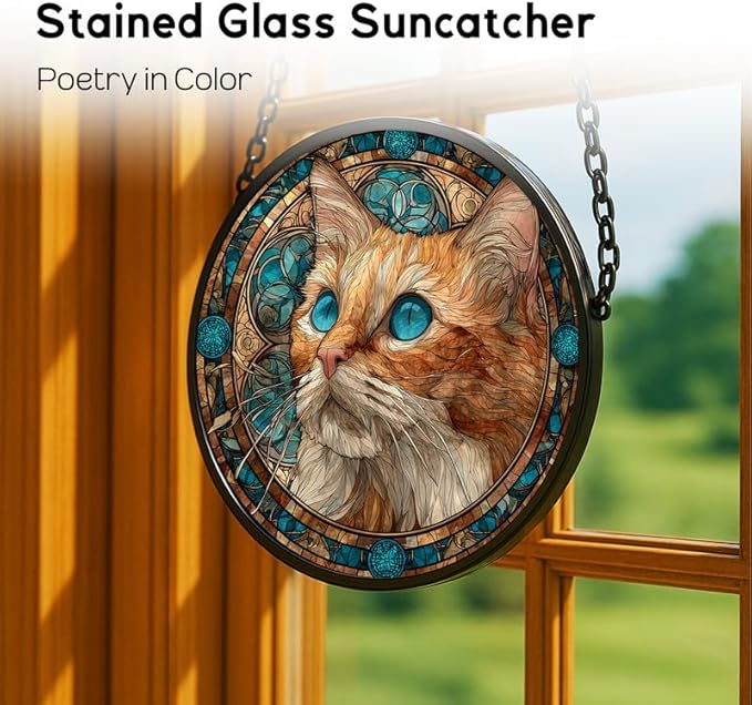 Stained Glass Window Hanging， Cat Face 11.8in Sun Catchers Indoor Window， Core Decor Inside and Outside The Cottage， Cat Lover Decor， Decorative Gifts for Women