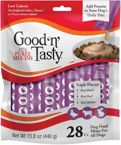 Good 'n' Tasty Triple Flavor Puree Mix-Ins Dog Food Topper Treats for All Dogs, 28 Count, Easy Single-Serve Portions, Added Protein with Duck, Beef and Rabbit, No Chicken Added