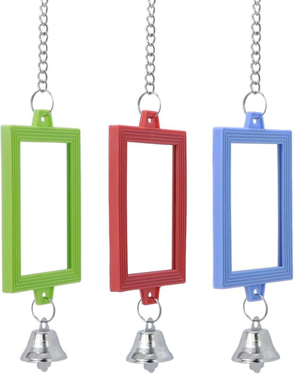 4 PCS Bird Mirror with Bell Parrot Hanging Interactive Playing Toy for Cockatiel Parakeets Canaries Budgie Cage Accessories