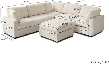 JACH V Shape Sectional Couches with Chaise Ottoman, Convertible Modular Sofa, Cloud Sectional Couch, Sofa Covers Washable, Minimalist Couch for Living Room, Apartment, Beige