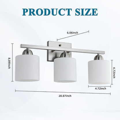 Stainless Steel Milk Glass Vanity Lights for Bathroom, 3 Light Brushed Nickel Bathroom Light Fixtures Over Mirror, Ceramic E26 Sockets Wall Mounted