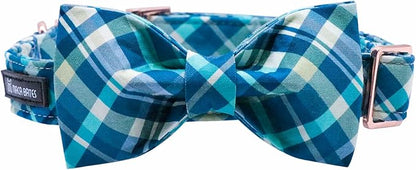Maca Bates Plaid Blue Dog Collar with Checkered Bow Bowtie for Grid Dogs Bows Tie Adjustable Breakaway Collars Birthday Gift Colar for Small Medium Large XL Girl Boy Male Female Puppy Pets