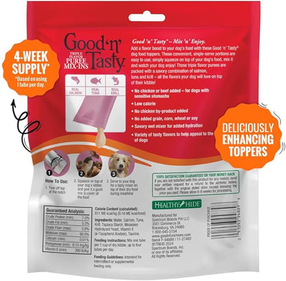 Good 'n' Tasty Triple Flavor Puree Mix-Ins Dog Food Topper Treats for All Dogs, 28 Count, Easy Single-Serve Portions, Added Protein with Salmon, Tuna and Krill, No Chicken or Beef Added
