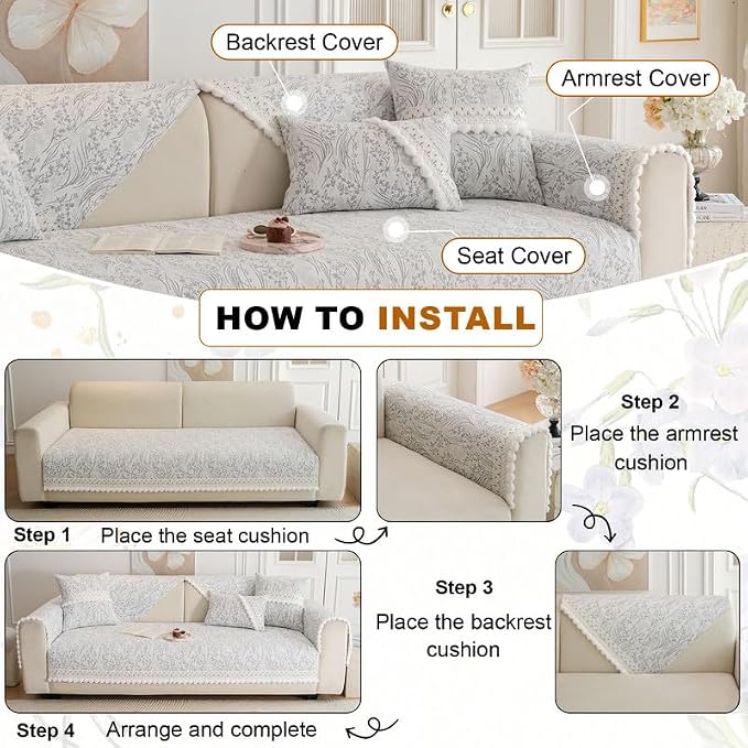 HANDONTIME Floral Chenille Couch Cover for Pets – Plush Fringed Edges, Washable & Non-Slip Sofa Protector, Pet-Friendly Dog Bed Cover for Couches and Sectionals (Light Grey,35.4" x 82.7")