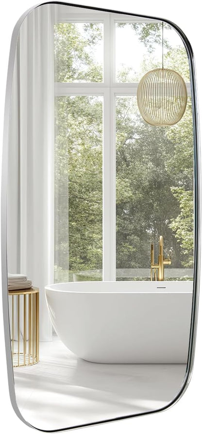 ANDY STAR Chrome Oblong Mirror, 30x48 Inch Polished Chrome Oval Mirror for Bathroom with Stainless Steel Metal Frame, Wall Mouned for Bathroom, Living Room, Entryway