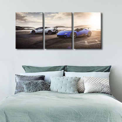 Super Car at Sunset Wall Art for Bedroom Sports Car Canvas Art Wall Decor White and Blue Cars Modern Wall Art Pictures for Living Room Hypercar Artwork Paintings Giclee Framed Ready to Hang 36"Wx16"H