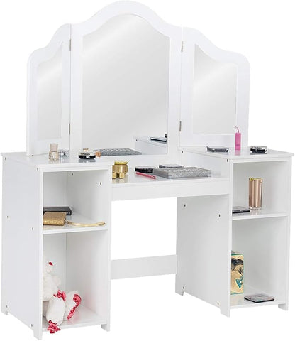 GOFLAME Kids Vanity Table, 2 in 1 Detachable Design with Dressing Table and Writing Desk, Princess Style, White MDF and Plastic Mirror, 42"×16"×46" (L×W×H), 2 Oversized Shelves, 3-Panel Mirror