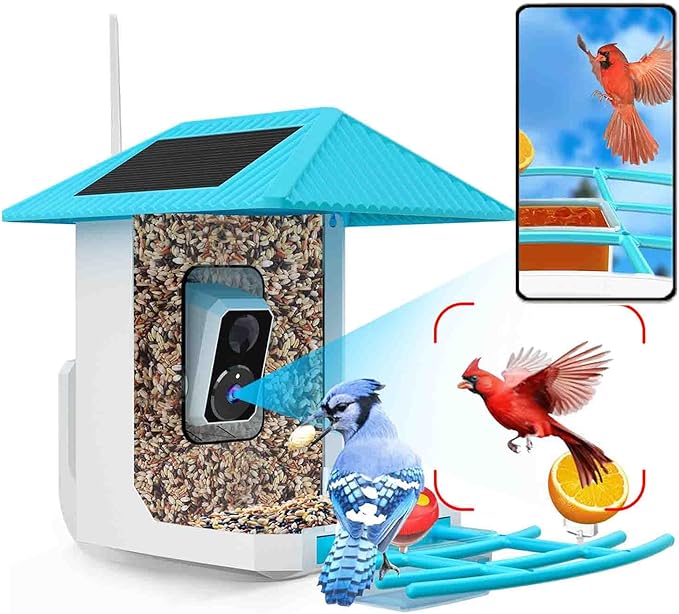 2.5K Smart Bird Feeder with Camera, 5GHz &2.4GHz Birds Watching Camera with AI Identify Bird Species, Outdoor Birds Feeder House with Solar Panel for BirdLovers (Blue)