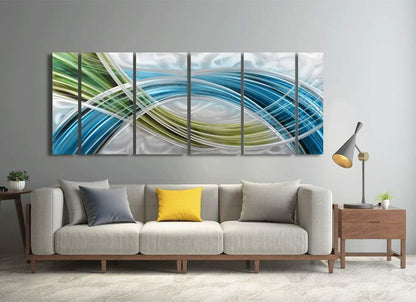 Yihui Arts Abstract Metal Wall Art - Hand Crafted 5 Pieces Panels Large Big Blue Teal Silver Unique 3D Aluminum Modern Contemporary Home Accent