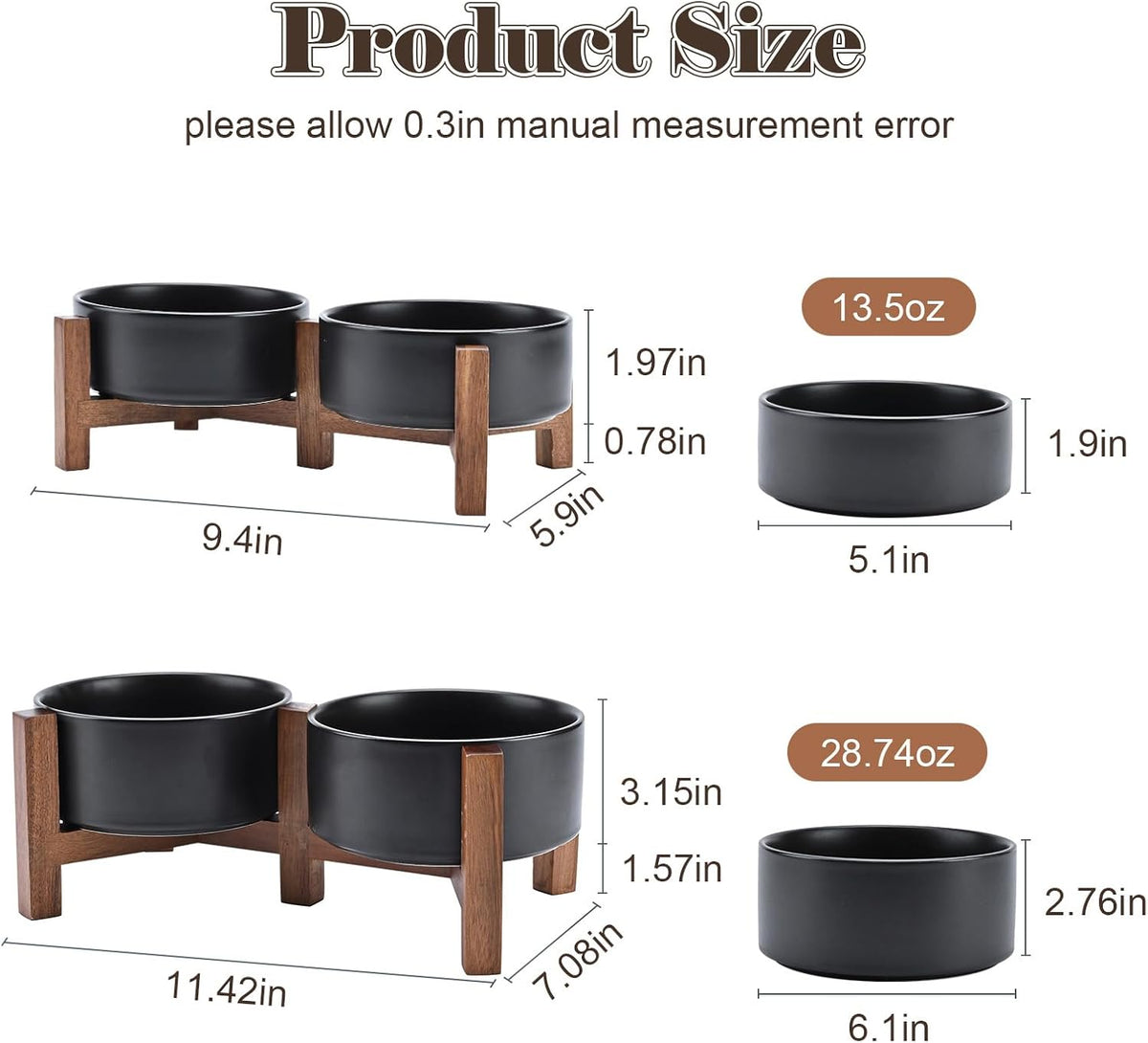 SPUNKYJUNKY Ceramic Dog Bowls with Acacia Wood Stand - Raised Dog Food and Water Bowl Set for Small Dogs (13.52 OZ, Black)