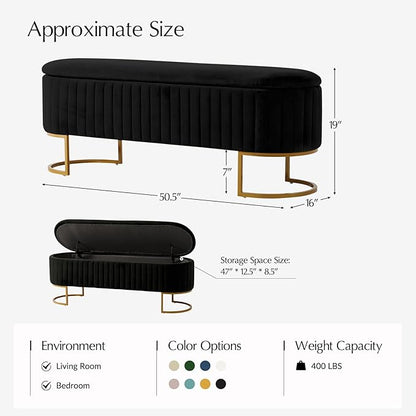 EcoHarbor Living 50.5" Storage Bench Velvet Bedroom Ottoman,Upholstered End of Bed Bench with Gold Legs,Flipping Lid Entryway Footrest
