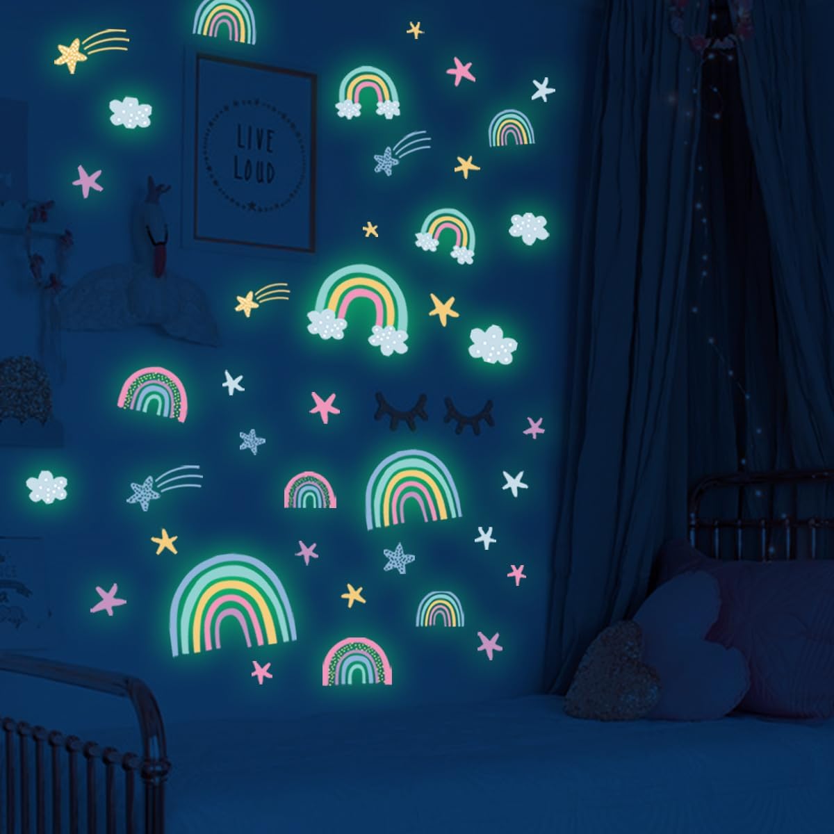 Quanhaigou Rainbow Clouds Stars Glow in The Dark Wall Stickers DIY Home Decor for Kid Boys Girl Bedroom Bathroom Decorations