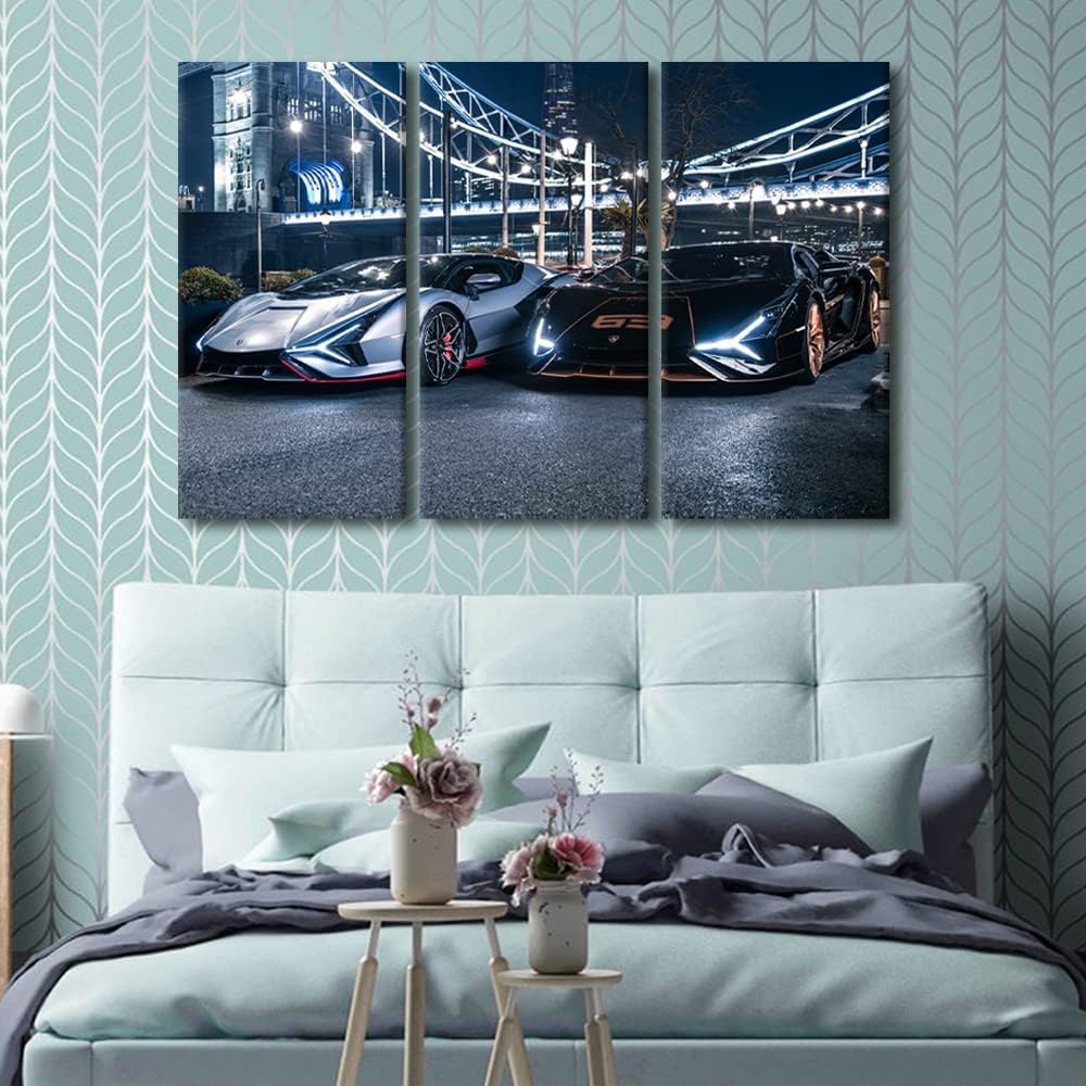 Wall Art Decor Painting on Canvas Sports Car Poster Pictures for Home Walls Super Cars and Bridge Landscape Office Wall Art 3 Pieces Framed Modern Artwork for Living Room Boys Bedroom, 42" Wx28 H