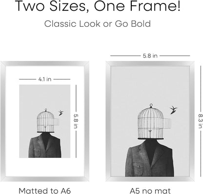 Homeforia A5 Picture Frame Silver, High End Metal 5.8 x 8.3 Frame Matted to 4.1 x 5.8 Art, A5 Frame with Mat A6, 5.8x8.3 Poster Frames, 8.3x5.8 Size Display Frames, Tempered Glass, Wall Kit, Set of 1