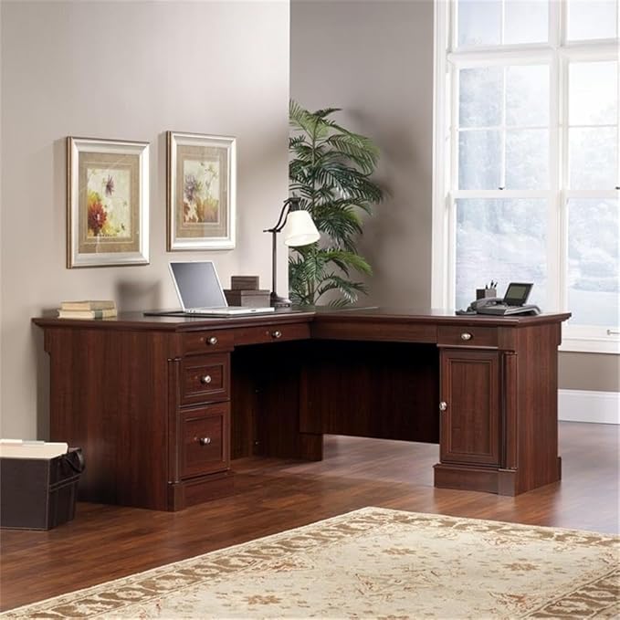 Pemberly Row 65" x 69" Contemporary Engineered Wood L-Shaped Desk with Storage, Drawers, Flip-Down Panel, Grommet Holes, for Home Office/Workspace, in Select Cherry Finish