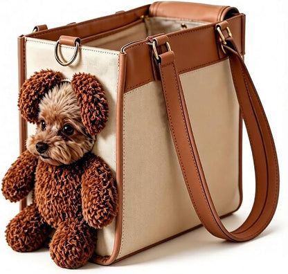 Teddy Bear Dog Carrier Bag, Teddy Carrier Bag for Dogs and Cats, Portable PU Leather Shoulder Tote with Plush Ears, Portable Convenient，White Brown Color Scheme L