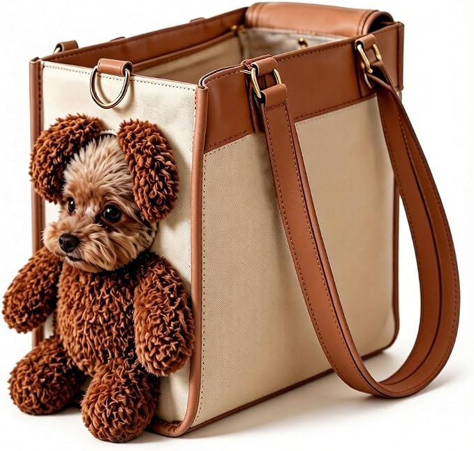 Teddy Bear Dog Carrier Bag, Teddy Carrier Bag for Dogs and Cats, Portable PU Leather Shoulder Tote with Plush Ears, Portable Convenient，White Brown Color Scheme