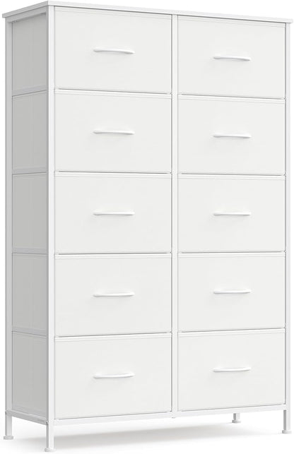 SONGMICS Dresser for Bedroom, Chest of Drawers, Steel, MDF, 10 Non-Woven Fabric Drawers, Storage Organizer Unit, Closet, Entryway, Cloud White and Snow White ULGS125W01S