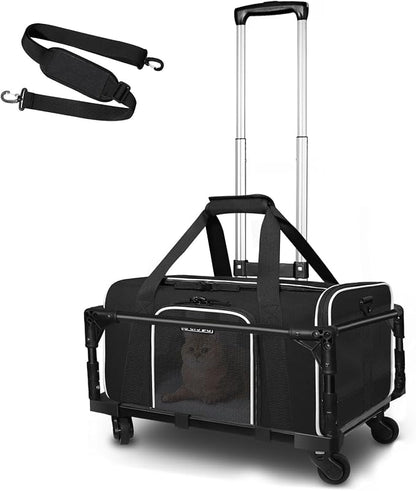 Small Pet Carrier 17"x11"x9.5" with Wheels Airline Approved, Black | for Alaska Airlines, Lockable Safety Zippers and Anti-Scratch Mesh, Pets Under 10 lbs