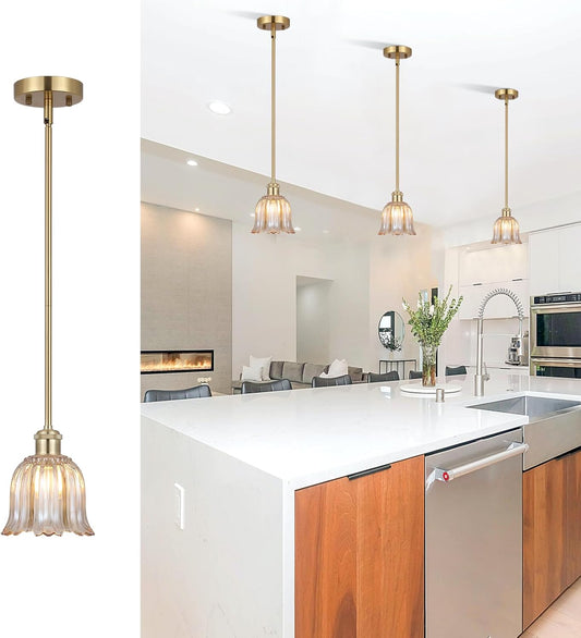 Modern Gold Pendant Light Brushed Brass Mid Century Chandelier Amber Glass Shades Adjustable Rods Farmhouse Ceiling Hanging Lighting Fixture Kitchen Island Dining Room Bedroom
