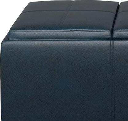 SIMPLIHOME Avalon 42 inch Wide Contemporary Rectangle Storage Ottoman in Distressed Dark Blue Vegan Faux Leather, Assembled, for the Living Room, Entryway and Family Room