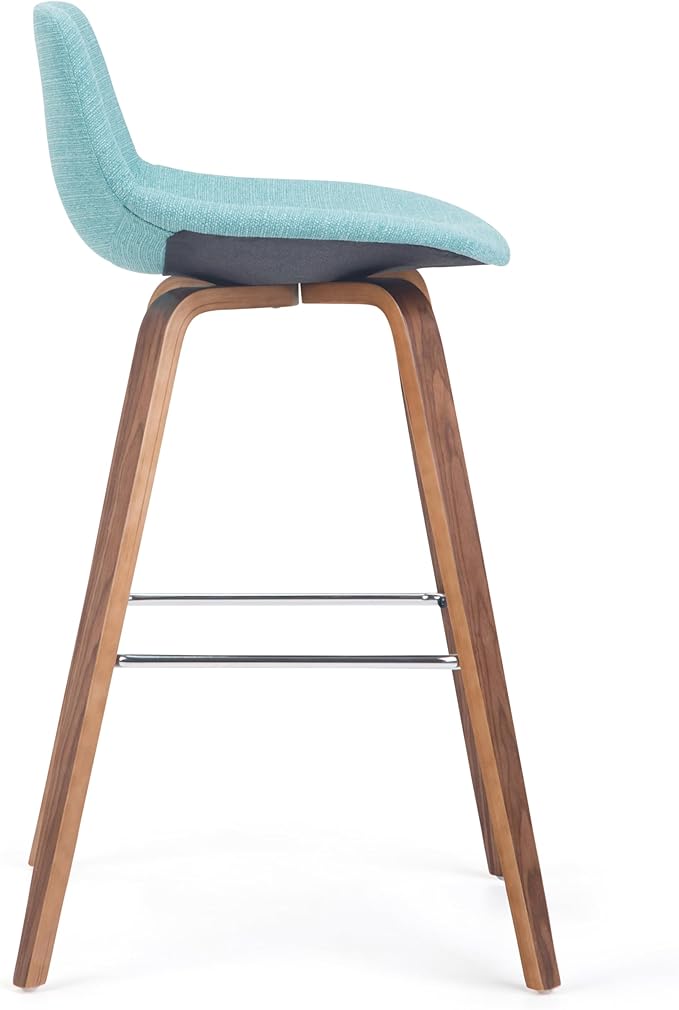 SIMPLIHOME Randolph Counter Stools (Set of 2) - 28 Inch Seat Height Upholstered Bentwood Kitchen Seats in Aqua Blue Linen Look Fabric, Mid Century Modern Seating with Curved Backrest and Footrest