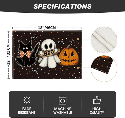 Artoid Mode Polka Dot Ghost Pumpkin Cat Boo Halloween Placemats Set of 4, 12x18 Inch Seasonal Fall Table Mats for Party Kitchen Dining Decoration