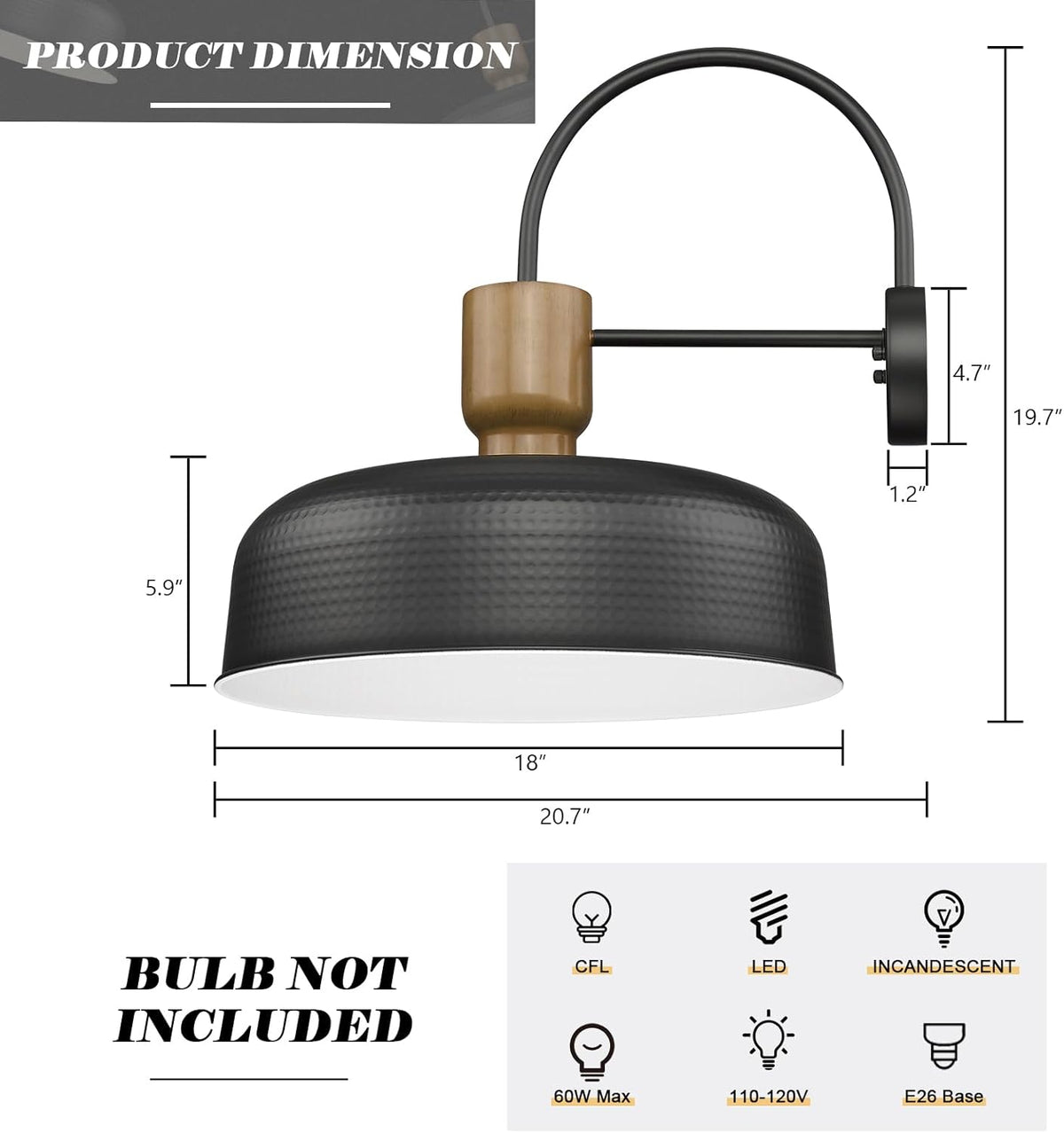 Outdoor Barn Light Gooseneck Barn Light, Farmhouse Exterior Wall Mount Light Vintage Wall Lighting Fixture Industrial Sconce Lantern for Porch, Entryway, Garage, Black, 1 Pack, Large
