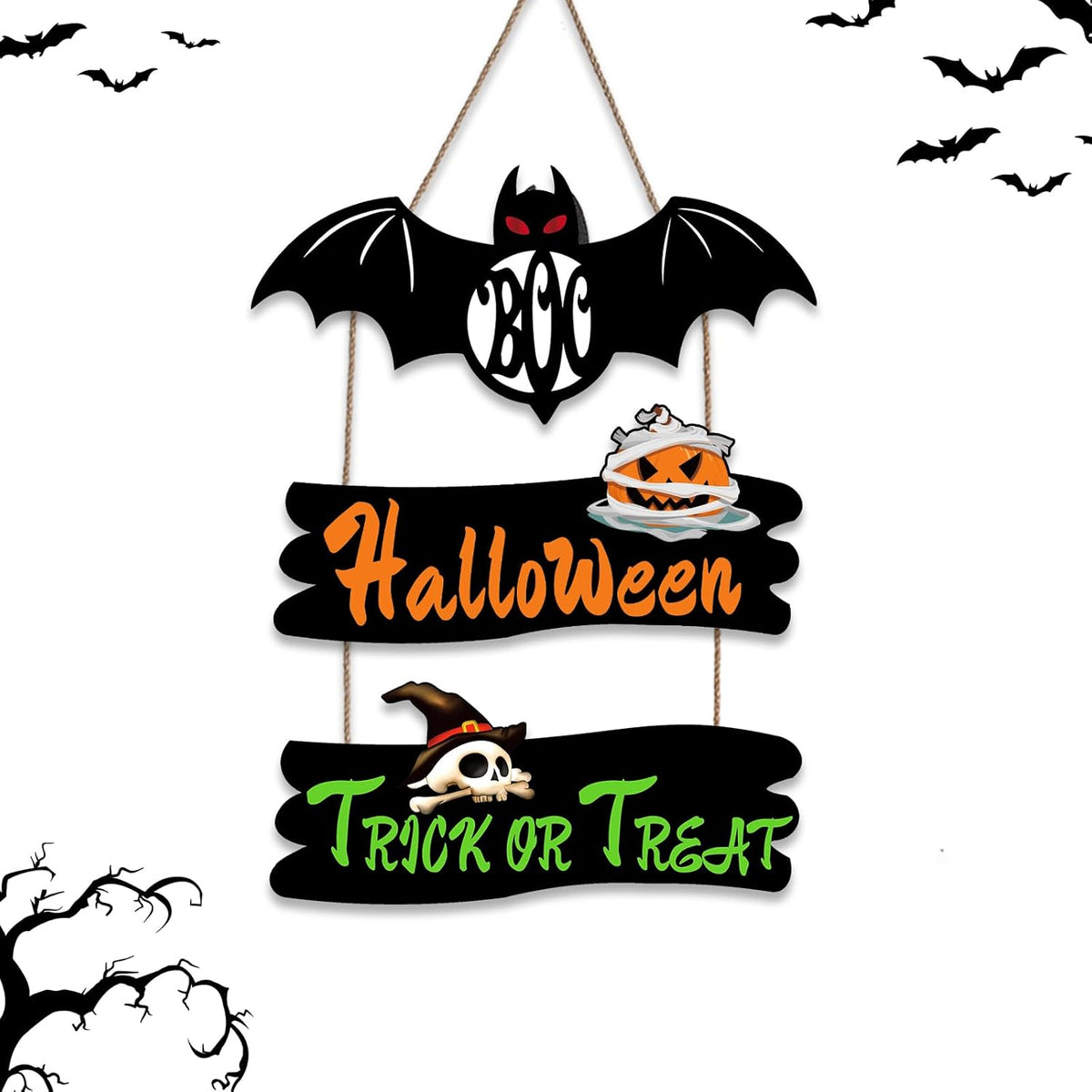 Halloween Door Hanging Sign Decoration 3 Pieces Wooden Plaques Wall Art with Bat Pumpkin Skull Pattern Trick or Treat Wooden Plaques for Yard Front Door Home Outdoor Hanger