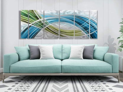 Yihui Arts Abstract Metal Wall Art - Hand Crafted 5 Pieces Panels Large Big Blue Teal Silver Unique 3D Aluminum Modern Contemporary Home Accent