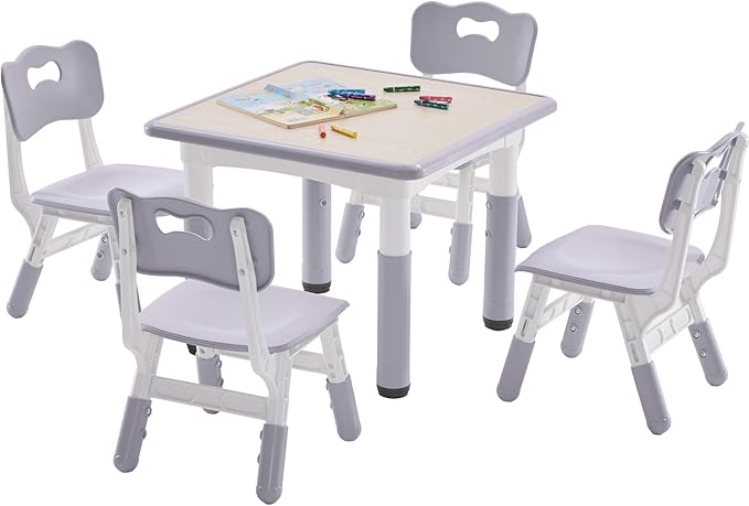 Kids Table and 4 Chairs Set, Height-Adjustable Toddler Table and Chairs Set with Graffiti Desktop, 23.6''L x 23.6''W Children Activity Table for Daycare, Classroom, Home