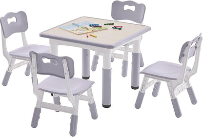Kids Table and 4 Chairs Set, Height-Adjustable Toddler Table and Chairs Set with Graffiti Desktop, 23.6''L x 23.6''W Children Activity Table for Daycare, Classroom, Home
