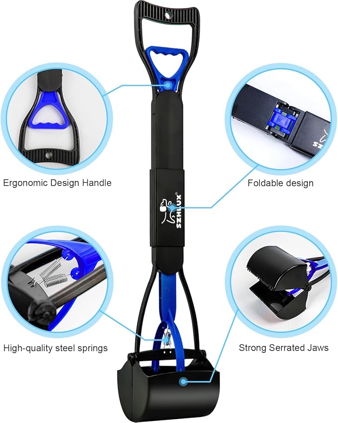SZHLUX 28" Pooper Scooper, Foldable Dog Pooper Scooper with Unbreakable Material and Durable Spring for Grass and Gravel, Blue