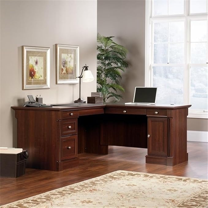 Pemberly Row 65" x 69" Contemporary Engineered Wood L-Shaped Desk with Storage, Drawers, Flip-Down Panel, Grommet Holes, for Home Office/Workspace, in Select Cherry Finish