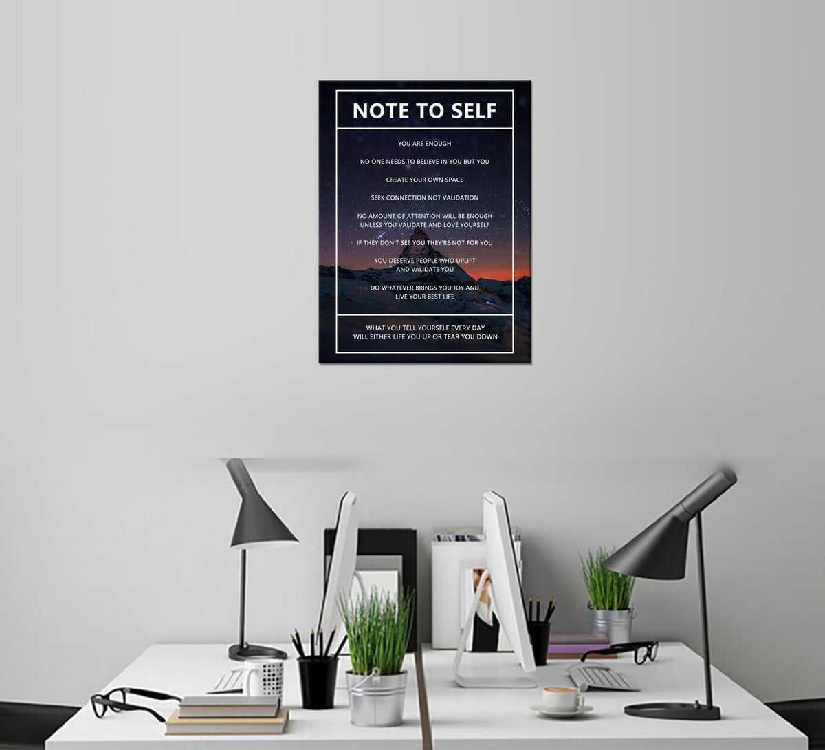 Note to Self Motivational Canvas Wall Art Snow Mountain Starry Sky Inspirational Poster Inspiring Canvas Painting Prints Wall Pictures for Home Decor Living Room Office Framed Artwork [18''W x 24''H]