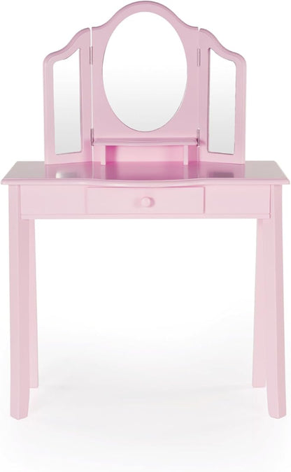 Guidecraft Pink Vanity and Stool Set for Kids Age 3-8, Pretend Play Makeup Table with Mirrors and Chair for Girls, Wooden Princess Toy Vanity Desk Playset with Storage Drawer