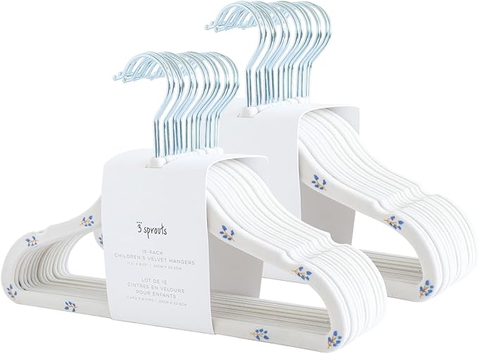 3 Sprouts Velvet Baby Hangers - Non-Slip Hanger for Infant, Toddler, Baby Clothes - Closet Kids Hangers with Slim Design, Nordic Colors, Pack of 30 - Blueberry & Cream